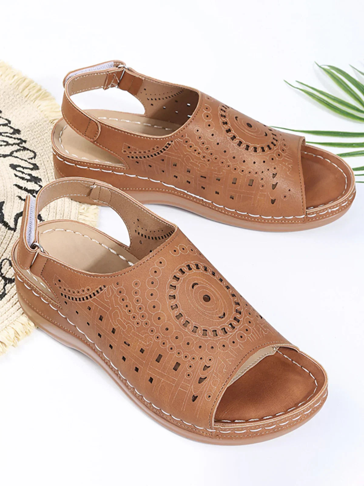 Sena® | Ethnic Pattern Punched Hollow Velcro Retro Sandal