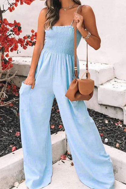 Charlotte® | Spaghetti strap smocked jumpsuit with wide legs