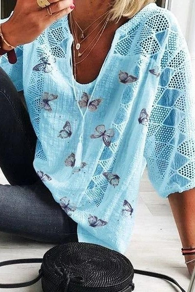 Anaya® | Women's butterfly print blouse with V-neck and 3/4 sleeves