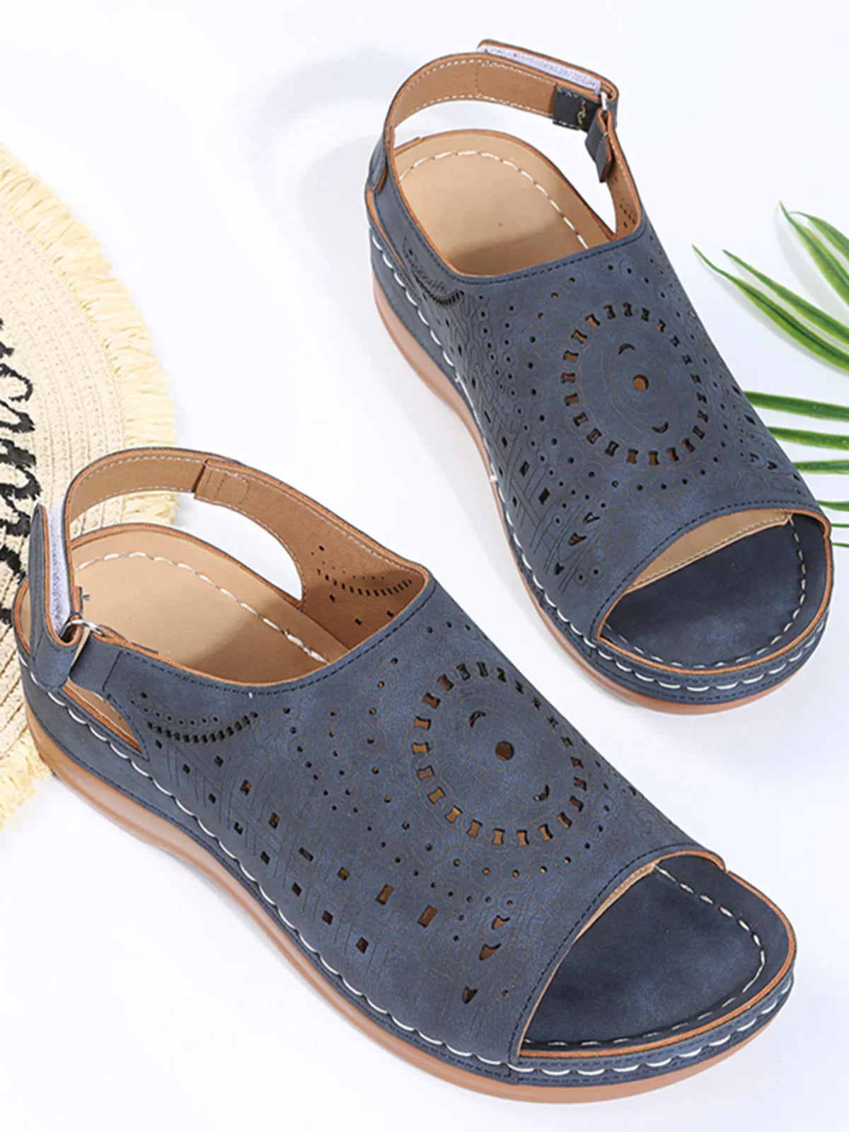 Sena® | Ethnic Pattern Punched Hollow Velcro Retro Sandal