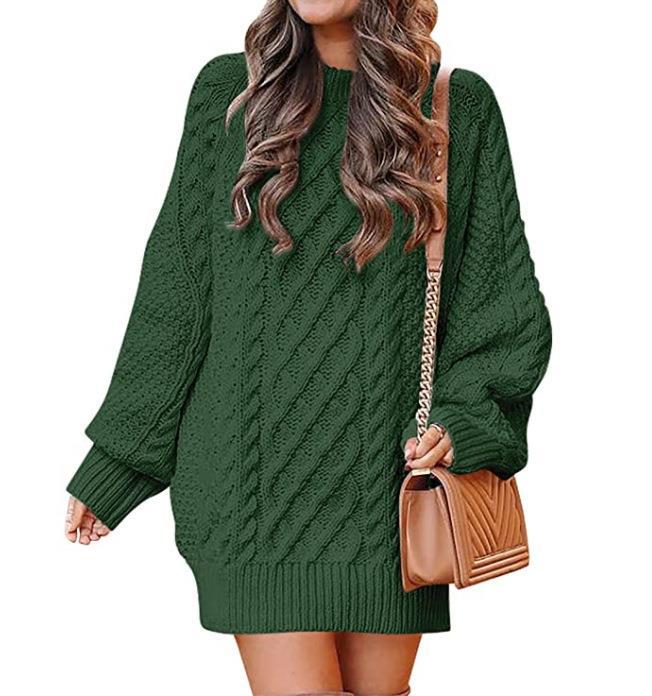 Color-Black-Round Neck Long Sleeve Twisted Knitted Thick Needle Pullover Mid Length Sweater Women Dress-Fancey Boutique