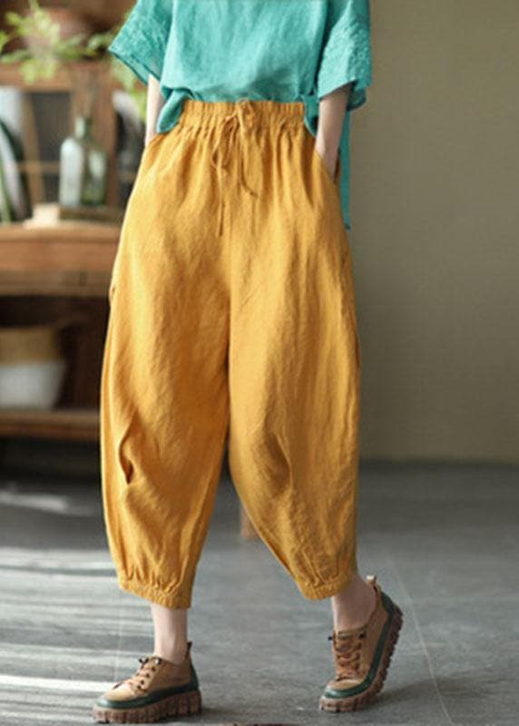 Simple Yellow Retro High Waist Pockets Summer Pants Linen GK-LPTS210721