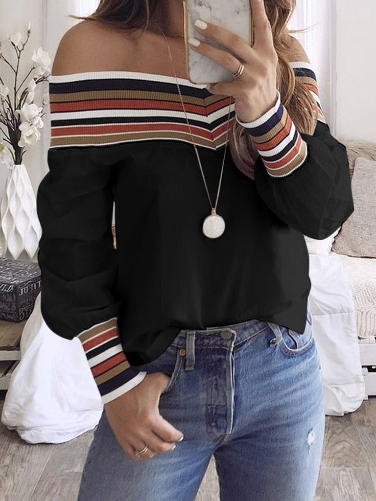 Off The Shoulder Printed Knit Stitching Long Sleeve Blouses - Blouses - INS | Online Fashion Free Shipping Clothing, Dresses, Tops, Shoes - 11/06/2021 - BLO2106110089 - Category_Blouses