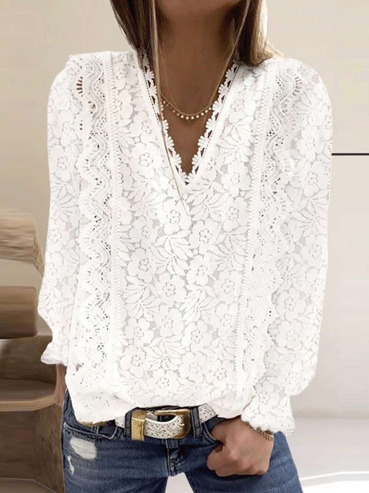 Women's Blouse Casual Solid Lace V-Neck Long Sleeve Blouse - Blouses - INS | Online Fashion Free Shipping Clothing, Dresses, Tops, Shoes - 20-30 - 21/10/2021 - BLO2110211375