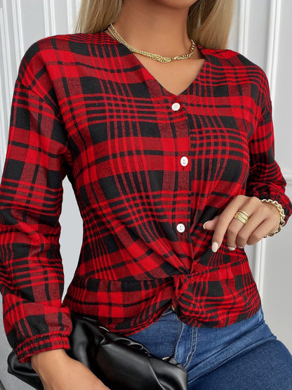 Women's Blouses Plaid V-Neck Buttons Knotted Long Sleeves Blouse - Blouses - INS | Online Fashion Free Shipping Clothing, Dresses, Tops, Shoes - 04/11/2021 - 20-30 - BLO2111041408