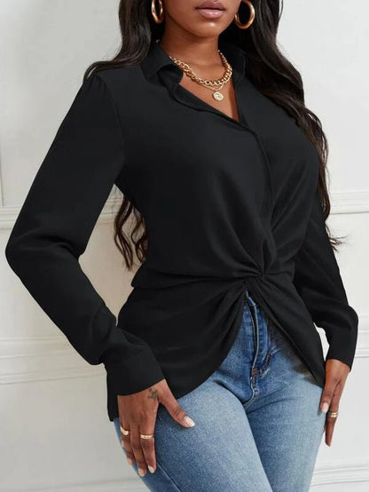 Women's Blouses Solid Lapel Knotted Long Sleeve Blouse - Blouses - Instastyled | Online Fashion Free Shipping Clothing, Dresses, Tops, Shoes - 14/03/2022 - 30-40 - BLO2203141626