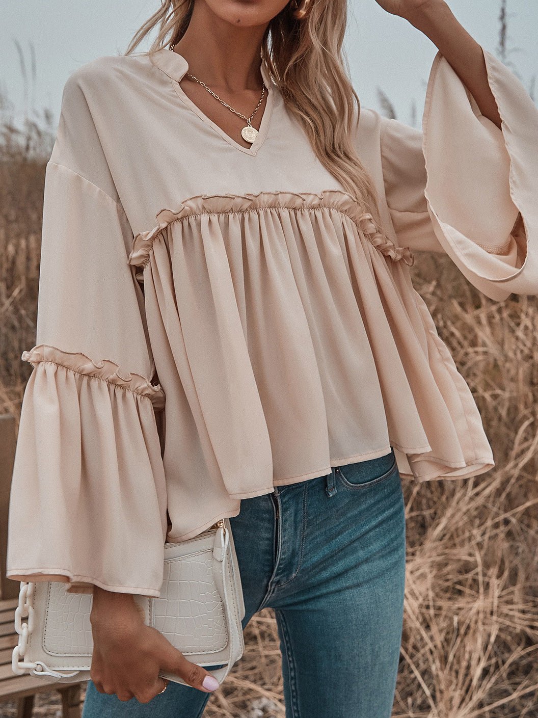 Women's Blouses Solid V-Neck Flared Long Sleeve Chiffon Blouse - Blouses - Instastyled | Online Fashion Free Shipping Clothing, Dresses, Tops, Shoes - 17/03/2022 - 20-30 - BLO2203171635